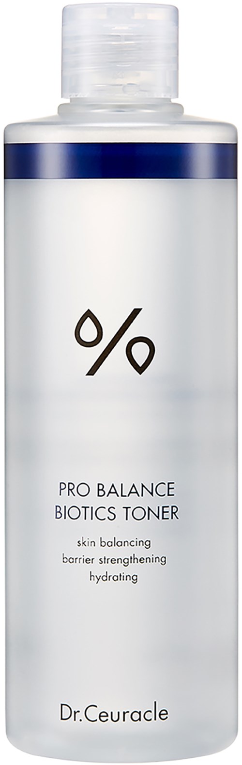 Een witte fles met een blauwe band, gelabeld "PRO BALANCE BIOTICS TONER" voor huidbalans en hydratatie.