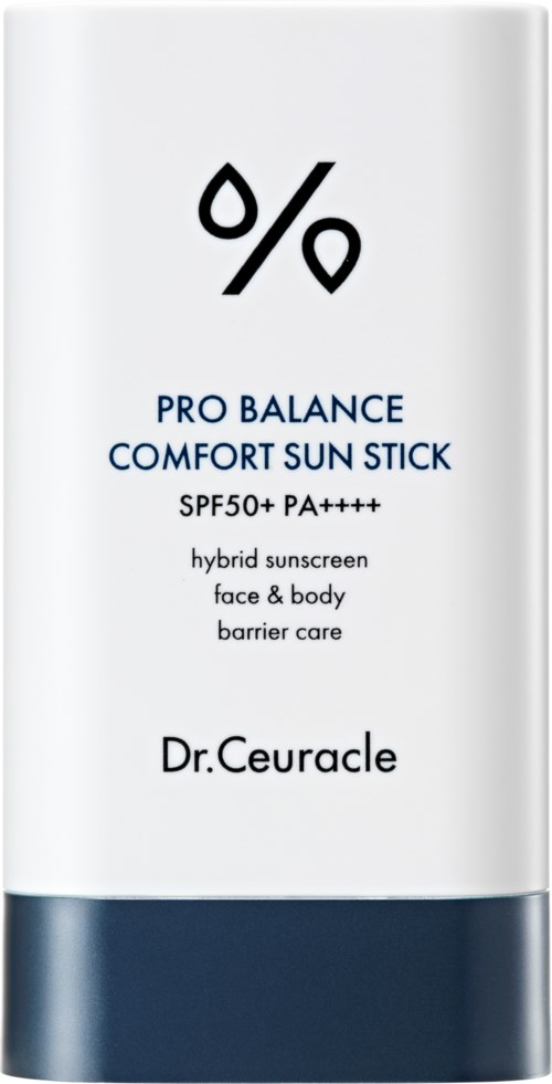 Ein weißer Sonnenschutzstift mit blauen und schwarzen Streifen, zeigt SPF50+ und PA++++. Für Gesicht und Körper.