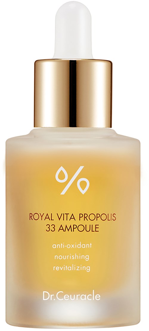 Een huidverzorgingsfles met druppel logo, gouden dop en witte en gele label, belooft de huid te voeden en te revitaliseren.