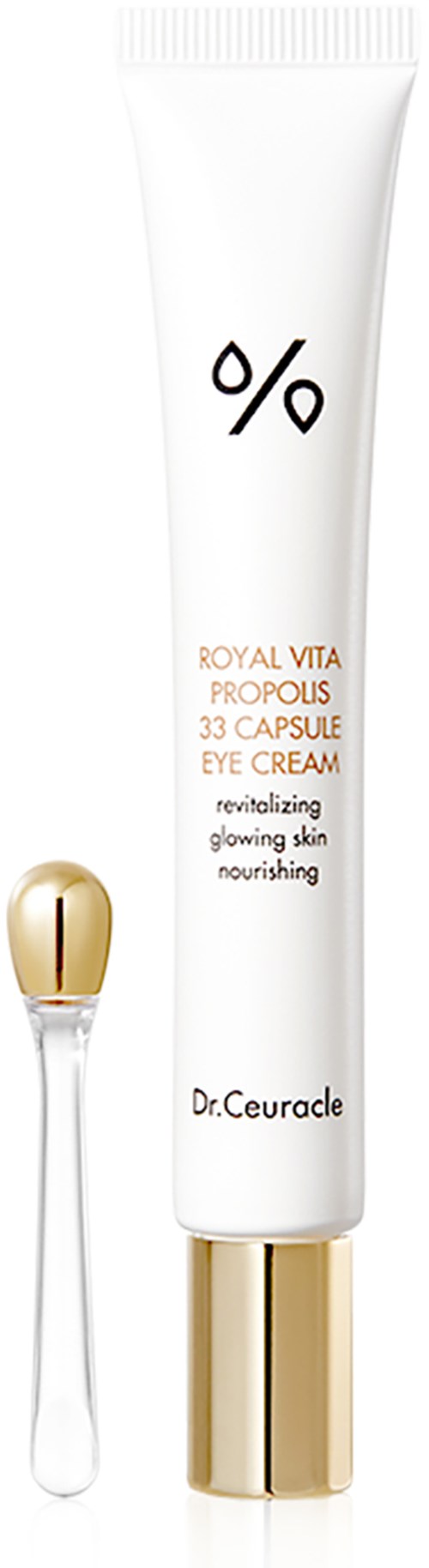 Eine weiße Tube mit Augencreme mit goldfarbenen Akzenten, beschriftet "Royal Vita Propolis 3D Capsule Eye Cream" von Dr. Ceuracle.