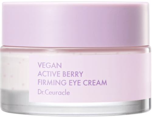 Vegan bessen oogcrème in een roze potje, gemarkeerd als verstevigend en actief, door Dr. Ceuracle.