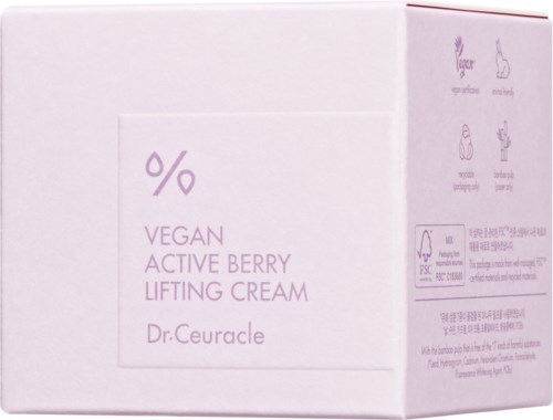 Een witte doos van Dr. Ceuracle met veganistische berry lifting creme met tekst en symbolen in paars.
