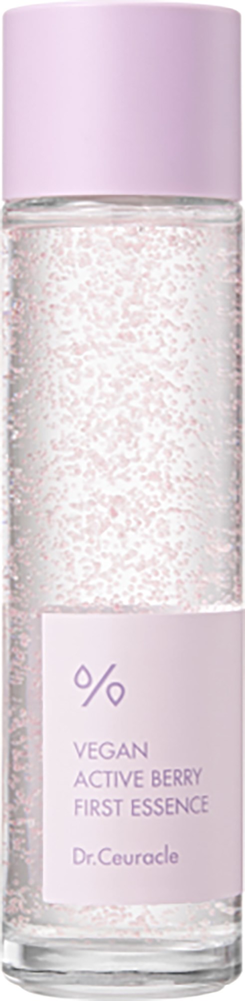 Een heldere fles met een roze dop, gevuld met glittersliquide. Label zegt dat het een vegan skincare product is met bessenextract.