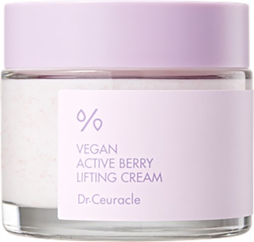 Een pot veganistische actieve bessen-liftcrème met een lichtpaarse deksel en etiket die het product en het merk beschrijft.