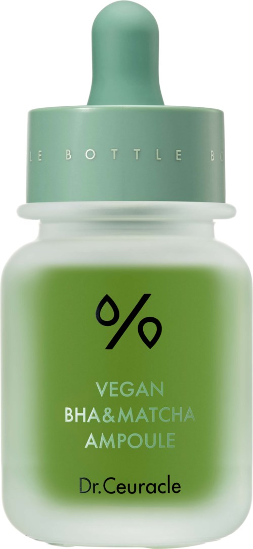 Klein witte fles met groene pipetdop, gemarkeerd met 'Dr.Ceuracle.' Bevat een veganistische BHA en matcha-ampul.