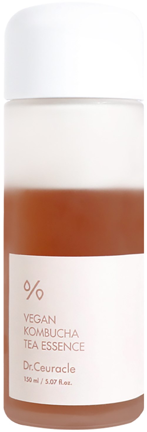 A small bottle of vegan kombucha tea essence with a white cap and simple label.