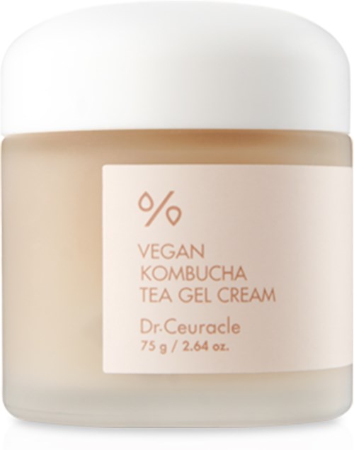 Een potje veganistische kombucha Thee Gel Crème door Dr. Ceuracle, 75 g, met witte deksel en beige container.