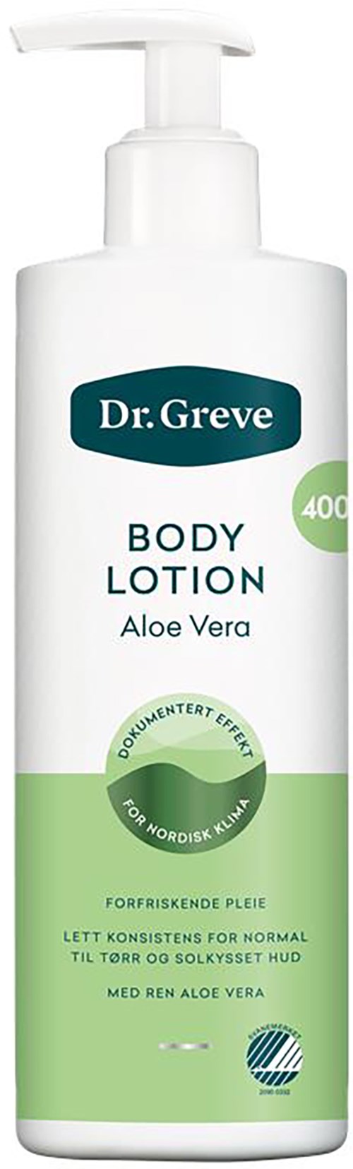 En hvit flaske med pumpe, merket 'Dr. Greve Body Lotion Aloe Vera,' grønne og blå detaljer, og tekst på dansk.