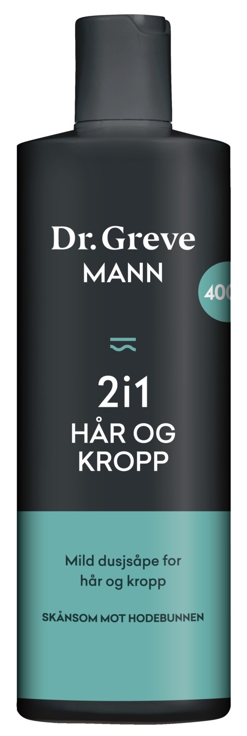 A black bottle labeled 'Dr. Greve MANN 2 in 1 hair and body wash.' It has a light blue-green section at the bottom.