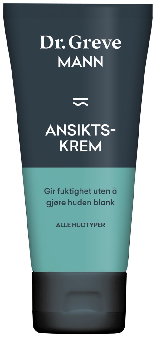 A facial cream with text, blue and dark packaging, mentions moisturizing and all skin types.