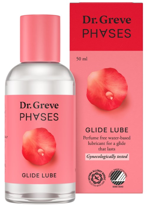 A bottle and box of Dr. Greve PHASES Glide Lube, a water-based lubricant with a red flower image, 50 ml.