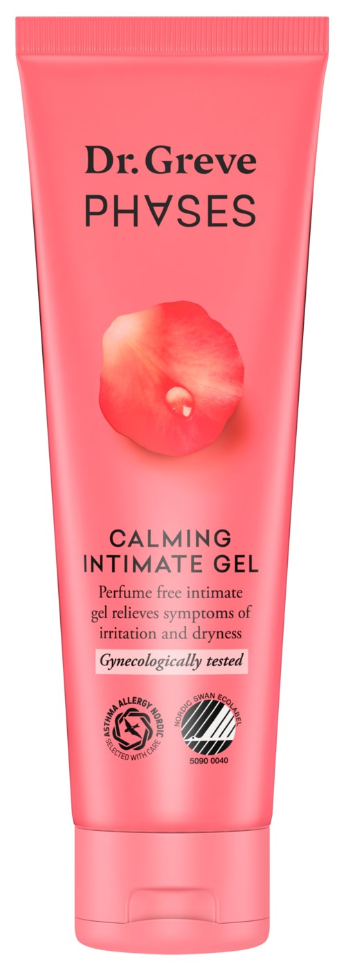 Pinkfarbige Tube mit 'Dr. Greve PHASES' und Pfirsichbild, bewirbt Intimgel für Komfort und Trockenheit.