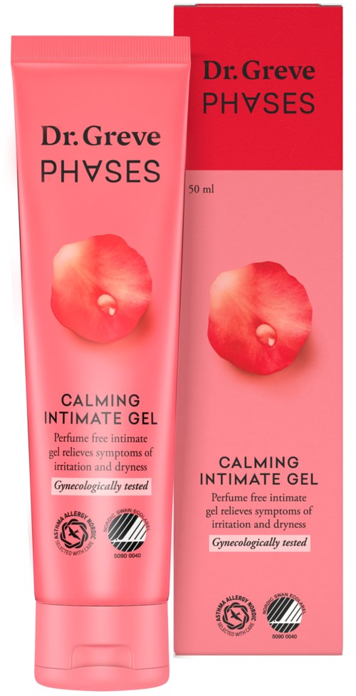 Rosa Tube und Verpackung von Dr. Greve PHVSES Calming Intimate Gel mit einem Pfirsichbild und Text zu Anwendung und Vorteilen.