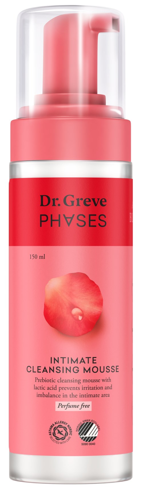 Pink bottle of intimate cleansing mousse with a rose image, brand name, and product details on the label.