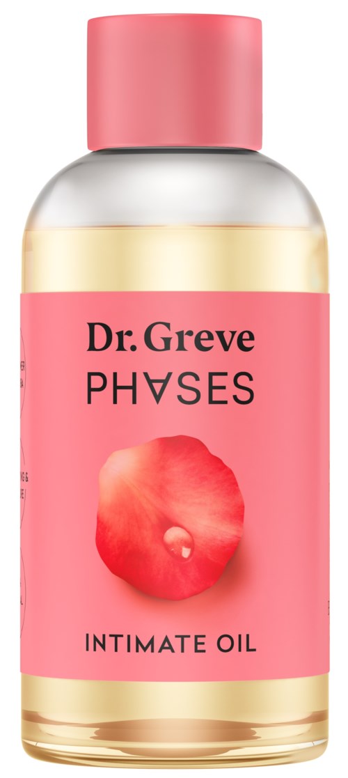 Rote Blume, rosa Flasche mit rosa Deckel und Etikett, "Dr. Greve PHASES INTIMATE OIL."