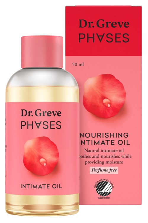 Eine Flasche und eine Verpackung von Dr. Greve PHOSES nährender Intimöl mit pinkfarbenem Etikett und Rosenbild.