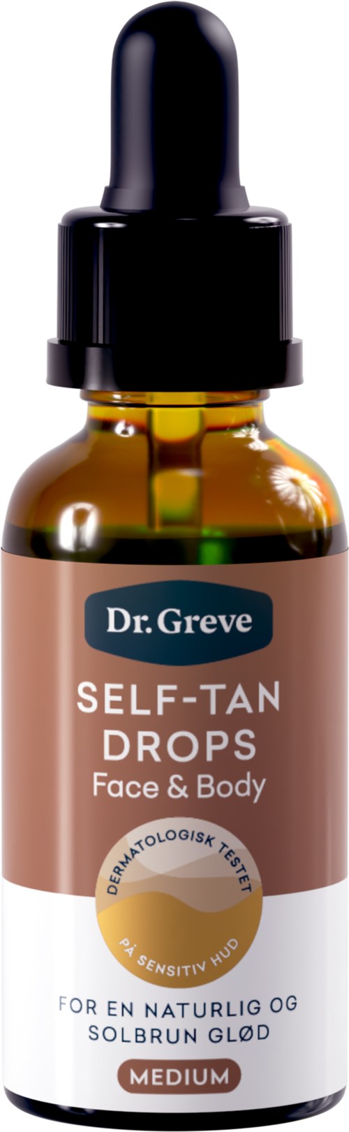 En brun glassflaske med dråpetutstyr merket Dr. Greve Self-Tan Drops for ansikt og kropp, med svart dråpetutstyr.