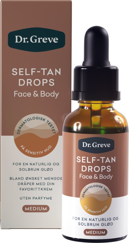 En liten brun eske og en glassflaske med dråpeteller inneholder Dr. Greve Self-Tan Drops for ansikt og kropp.
