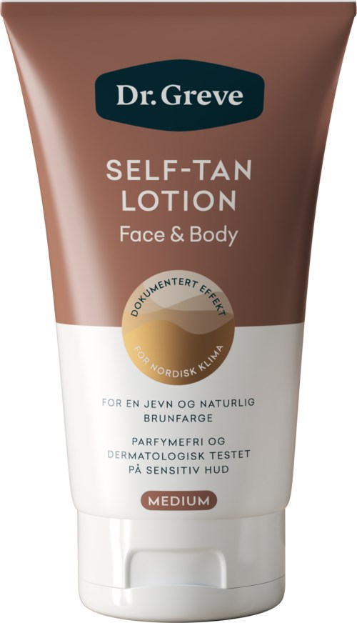 En brun og hvit tube med Dr. Greve Self-Tan Lotion for ansikt og kropp, medium skygge, egnet for sensitiv hud.