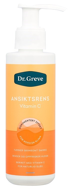 Valkoinen pullo pumpulla, etiketti Dr. Greve Vitamin C kasvoseerumi, oranssi ja valkoinen.