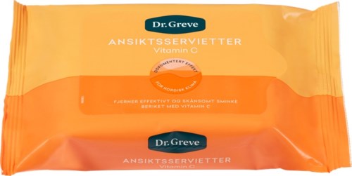 Orange face mask wipes with Dr. Greve logo, promoting vitamin C for skin brightness and effectiveness.