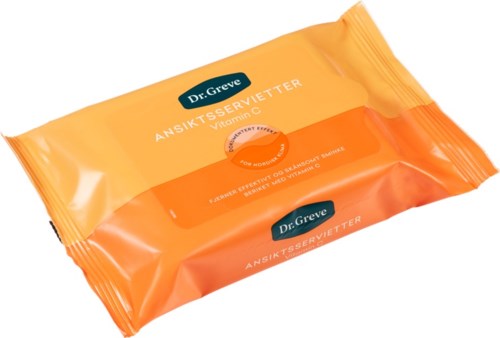 Vitamins facial wipes package in orange and yellow colors with blue Dr. Greve logo.