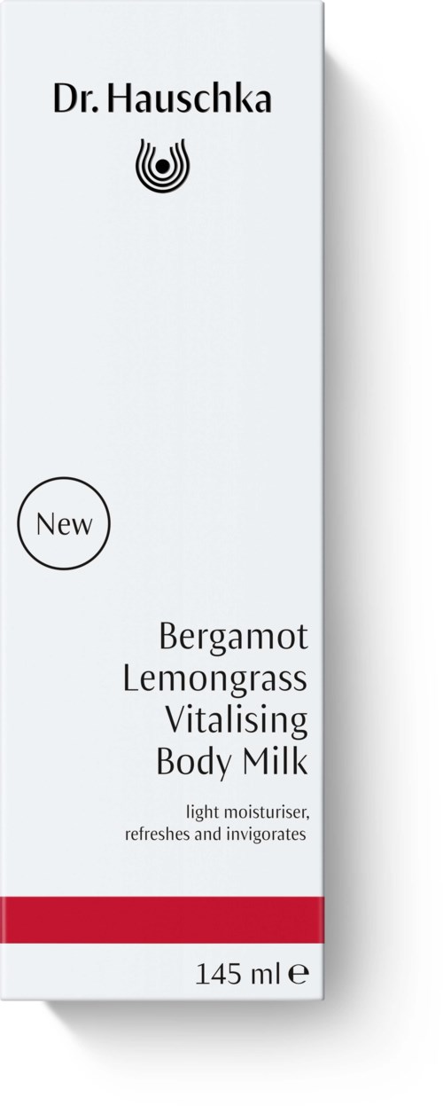 Białe opakowanie z czarnym tekstem, zawiera bergamotę, trawę cytrynową i body milk, 145 ml, lekki nawilżacz.