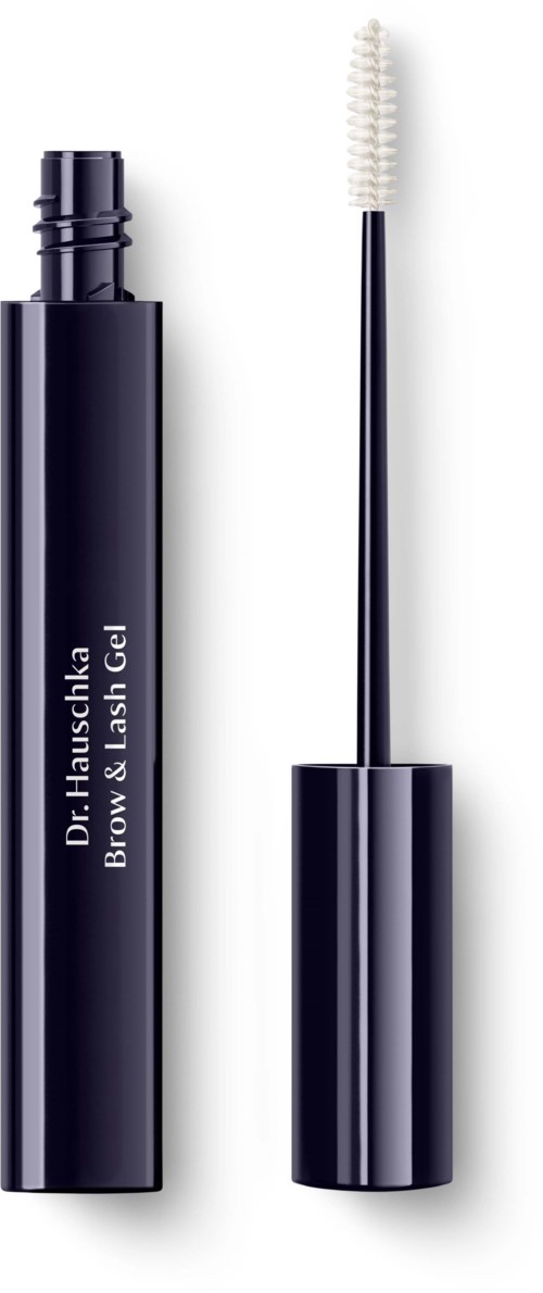 Ein schwarzer Tubus mit einer weißen Bürste ist zu sehen, gekennzeichnet als Dr. Hauschka Augenbrauen- und Wimpern-Gel.