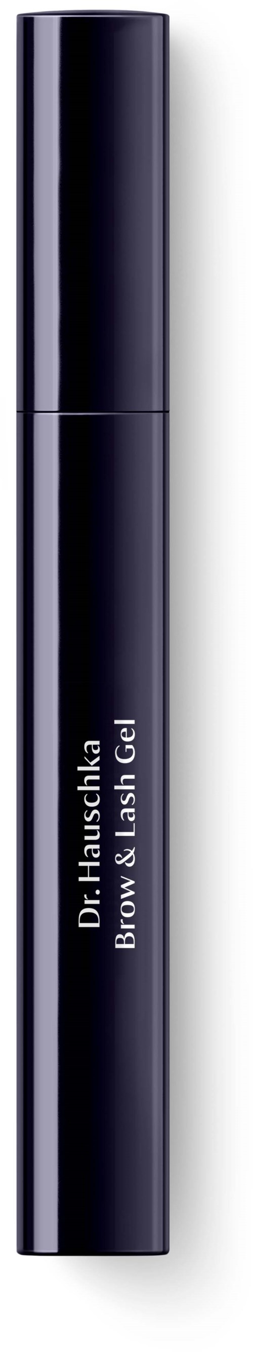 Ein schwarzer zylinderförmiger Behälter mit einem Etikett 'Dr. Hauschka Biosphere Lash Gel' auf dunklem Hintergrund.