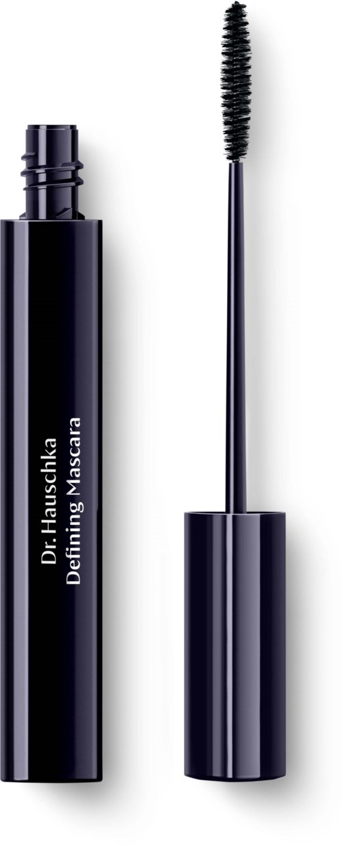 Ein schwarzer Mascara-Tube mit offenem Deckel und Bürste.
