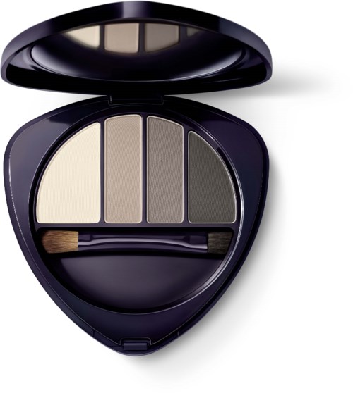 A compact with three shades of eye color and a small brush for application.