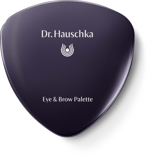 A black compact with white text saying 'Dr. Hauschka Eye & Brow Palette' and a logo. 