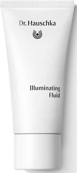Eine weiße Tube mit der Aufschrift Dr. Hauschka Illuminating Fluid, schlichtes Design mit schwarzem Text und Logo.