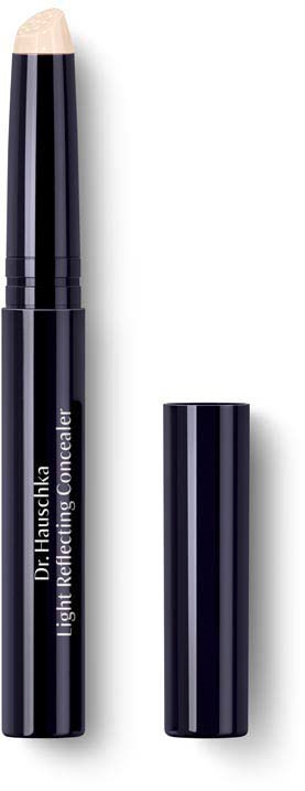 Mustan keppinen korostustuote, jossa beige kärki, merkitty 'Dr. Hauschka' ja 'Lighter Reflecting Concealer' ja kansi vieressä.