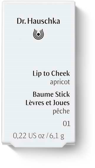 Tekst op een productlabel voor een lippenbalsem met perzik- en abrikoossmaak, weegt 0,22 ounce.