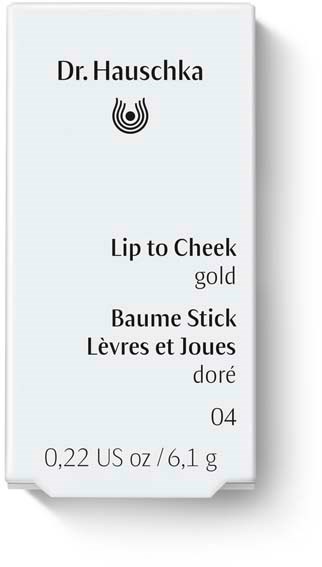 Een productverpakking gemarkeerd met Dr. Hauschka, die een lippenbalsem met gouden kleur en gewichtsdetails beschrijft.