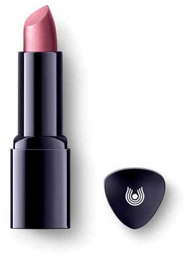 A pink lipstick with a black cap placed beside it on a white background.
