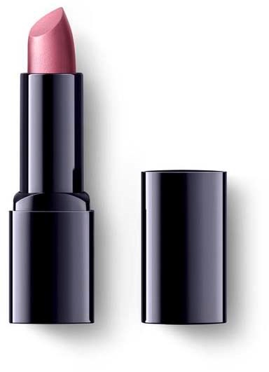 A pink lipstick in a black case with the cap removed, showing the lipstick. The cap is placed next to it.