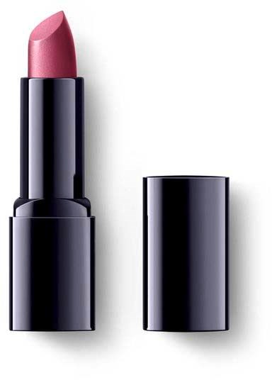 A pink lipstick in a black tube with the cap removed, showing the lipstick. The cap is next to it.