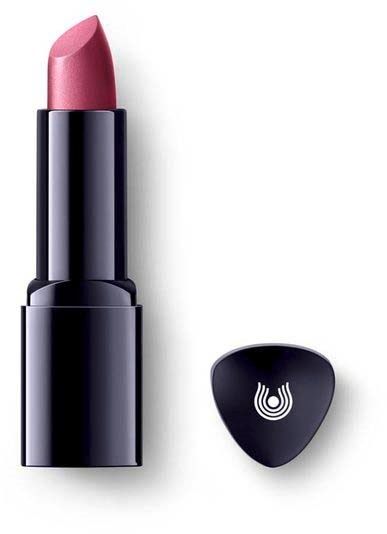 A lipstick with a pink shade, black case, and a matching black cap with a logo on it.