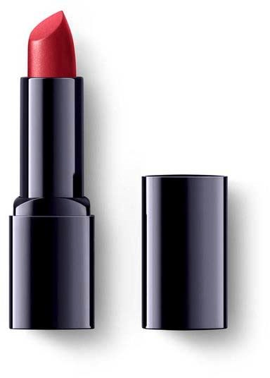 A red lipstick in a black tube with the cap removed, showing the lipstick ready to apply.