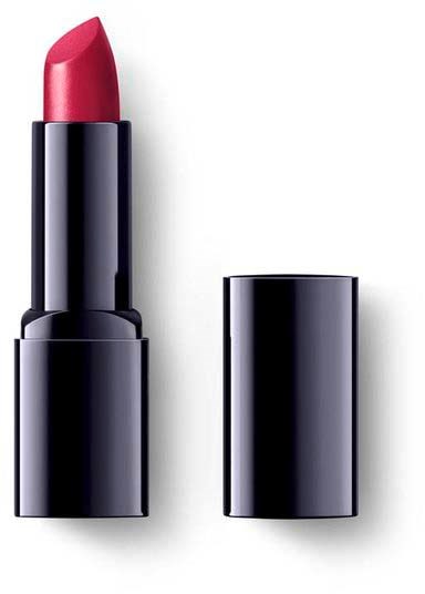 A red lipstick in a black tube with the cap off, showing the lipstick. The background is plain white.
