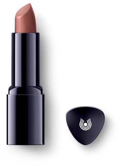 A lipstick with a black case and a removable cap, displayed on a white background.