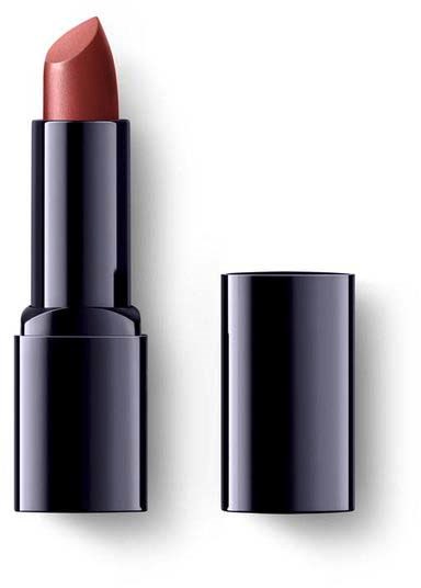 A lipstick with its cap removed, showing a soft pink color in a sleek black tube.