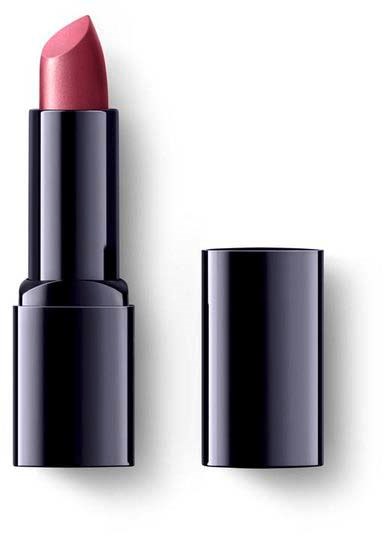 A pink lipstick in a black case with the cap removed, showing the lipstick. The cap is beside it.