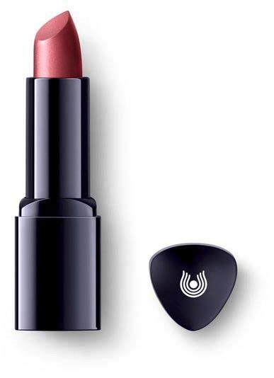 A lipstick with a black case and a small cap beside it, showing a pinkish shade.