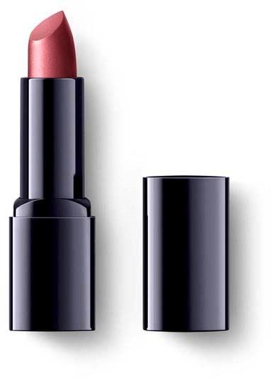 A lipstick with a black case and a matching cap, showing a light pink color.