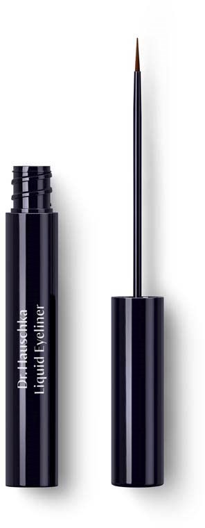 En svart flytande eyeliner-ansats med en tunn borstand applicator bredvid.