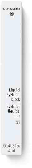 En smal vit förpackning med svart text som visar att det är flytande svart eyeliner från Dr. Hauschka, 4 ml.