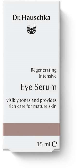 Een witte doos met tekst over Dr. Hauschka oogserum voor rijpe huid, bevat 15 ml.
